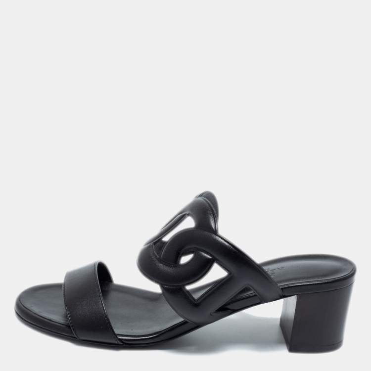 Hermes Black Leather Bikini Slide Sandals Size 36