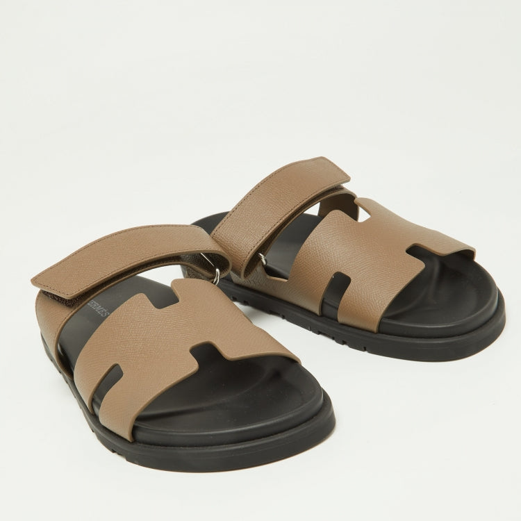 Hermes Brown Leather Chypre Velcro Strap Flat Sandals Size 41