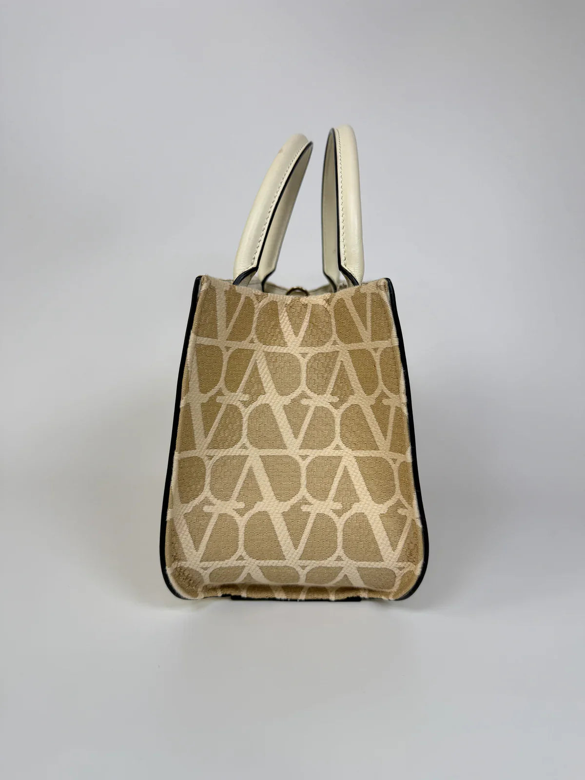 VALENTINO GARAVANI CANVAS TOTE IN BEIGE CANVAS AND LEATHER WITH GOLD HARDWARE