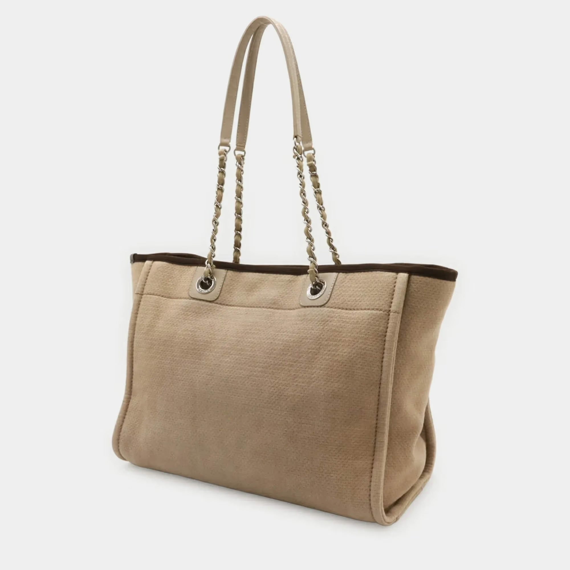 Chanel Deauville MM Beige Canvas Brown Leather Shoulder Tote Bag