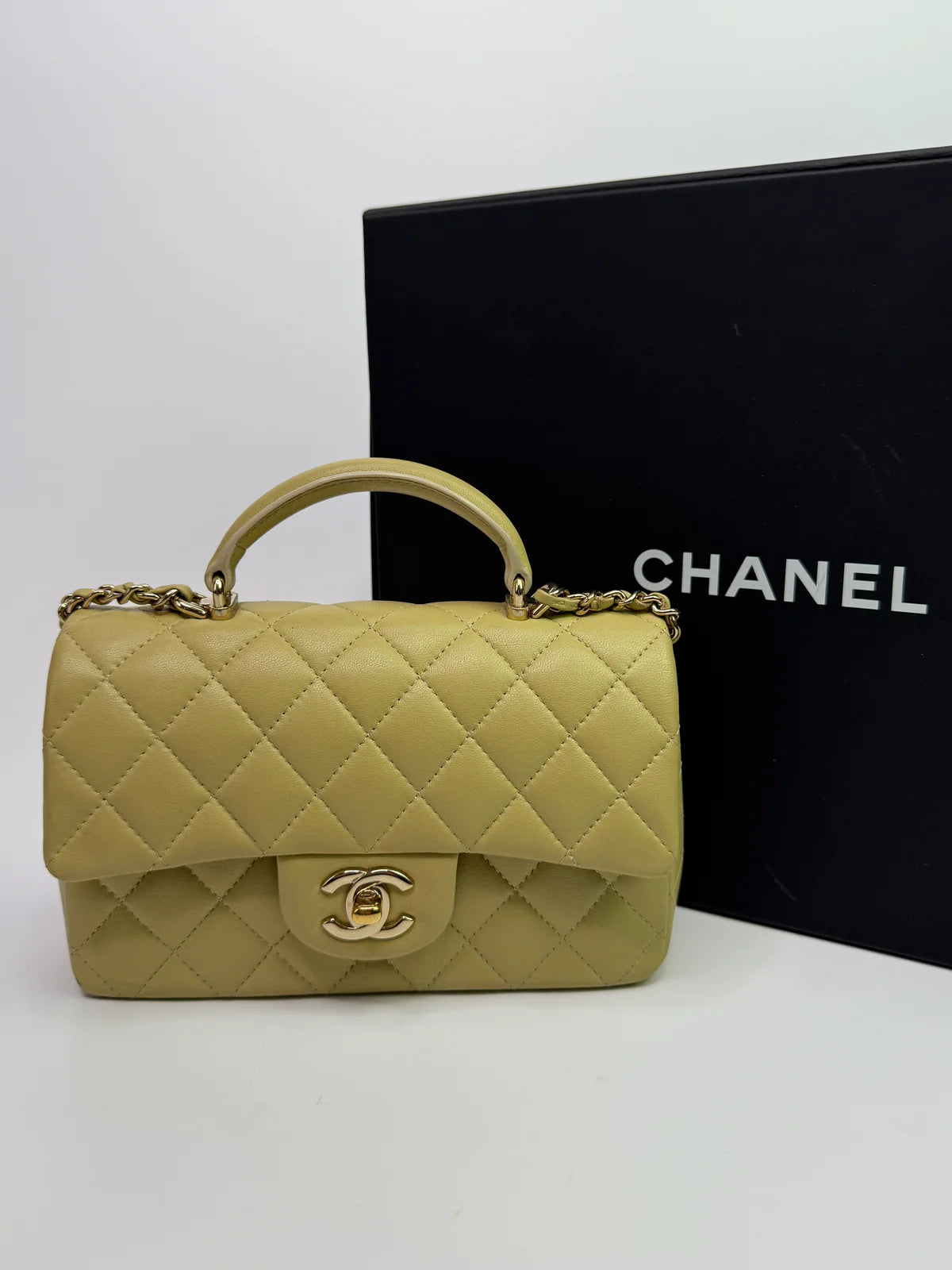 CHANEL MINI RECTANGLE FLAP BAG IN PISTACHIO GREEN LAMBSKIN WITH GHW