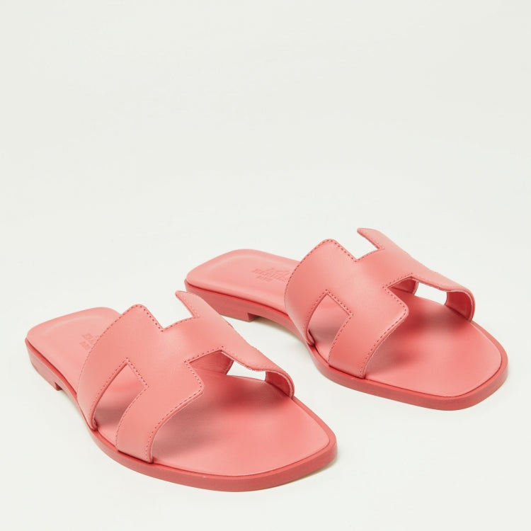 Hermes Pink Leather Oran Flat Sandals Size 37.5