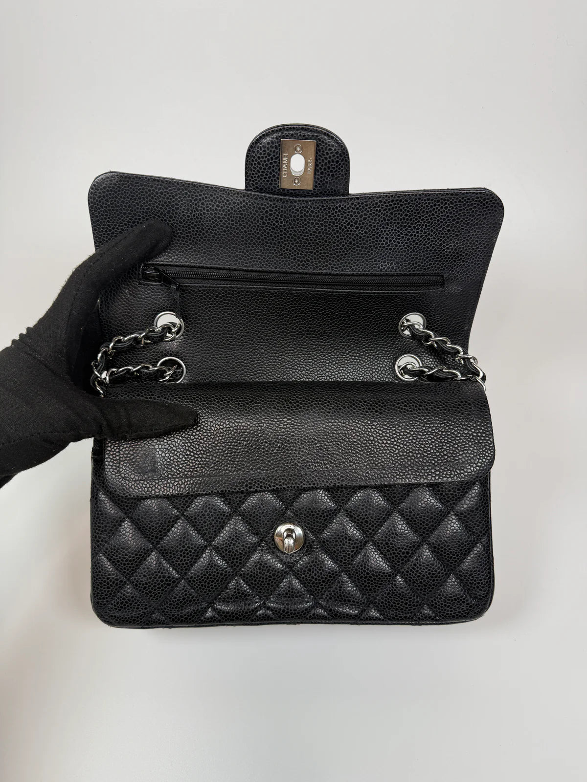 CHANEL SMALL CLASSIC DOUBLE FLAP IN BLACK CAVIAR LEATHER WITH SILVER HARDWARE