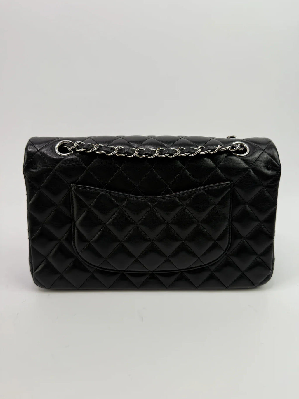 CHANEL MEDIUM CLASSIC DOUBLE FLAP BLACK LAMBSKIN WITH SILVER HARDWARE