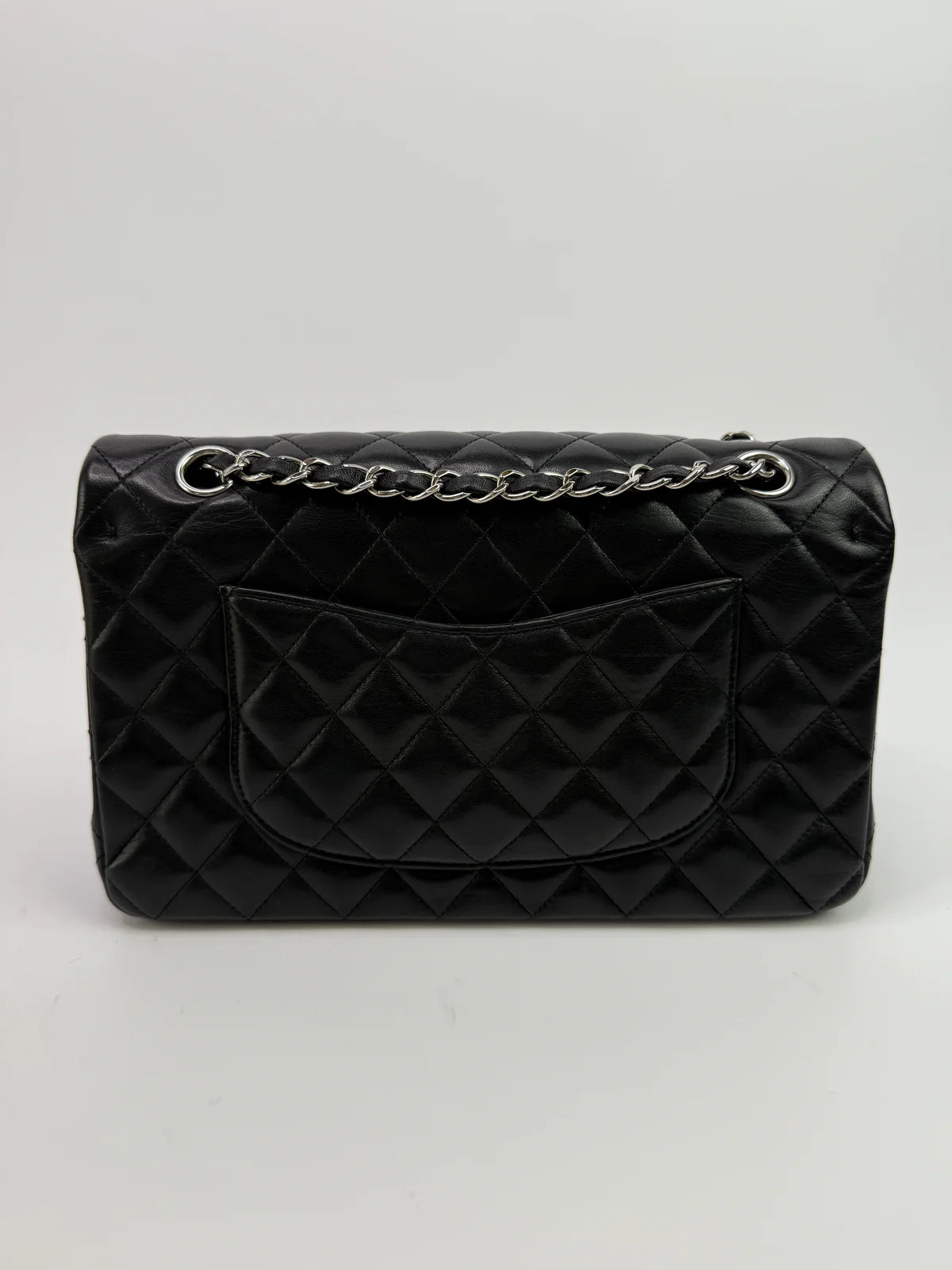 CHANEL MEDIUM CLASSIC DOUBLE FLAP BLACK LAMBSKIN WITH SILVER HARDWARE
