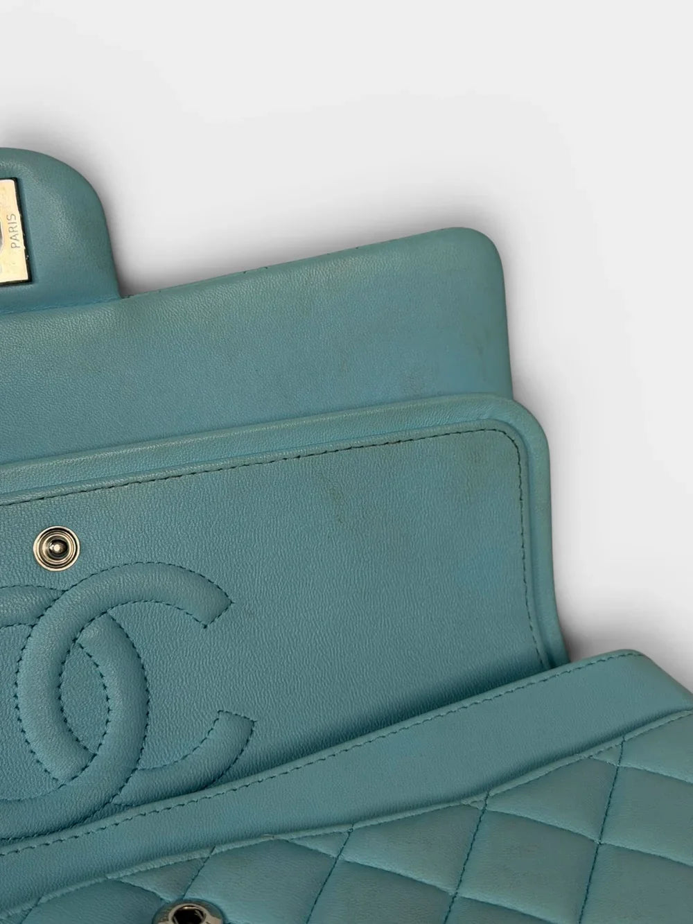 CHANEL MEDIUM DOUBLE CLASSIC FLAP LIGHT BLUE LAMBSKIN SILVER HARDWARE