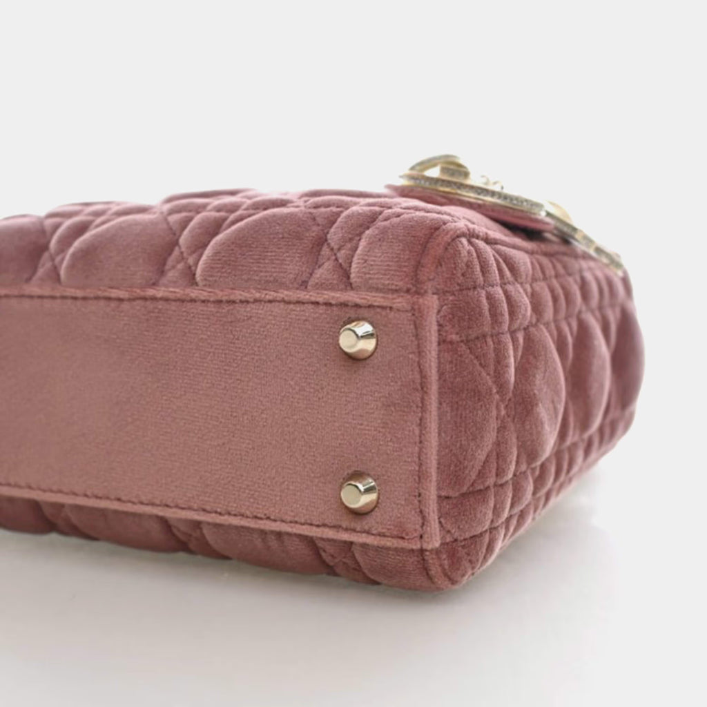 Christian Dior Lady Dior Mini Pink Velvet Top Handle Bag