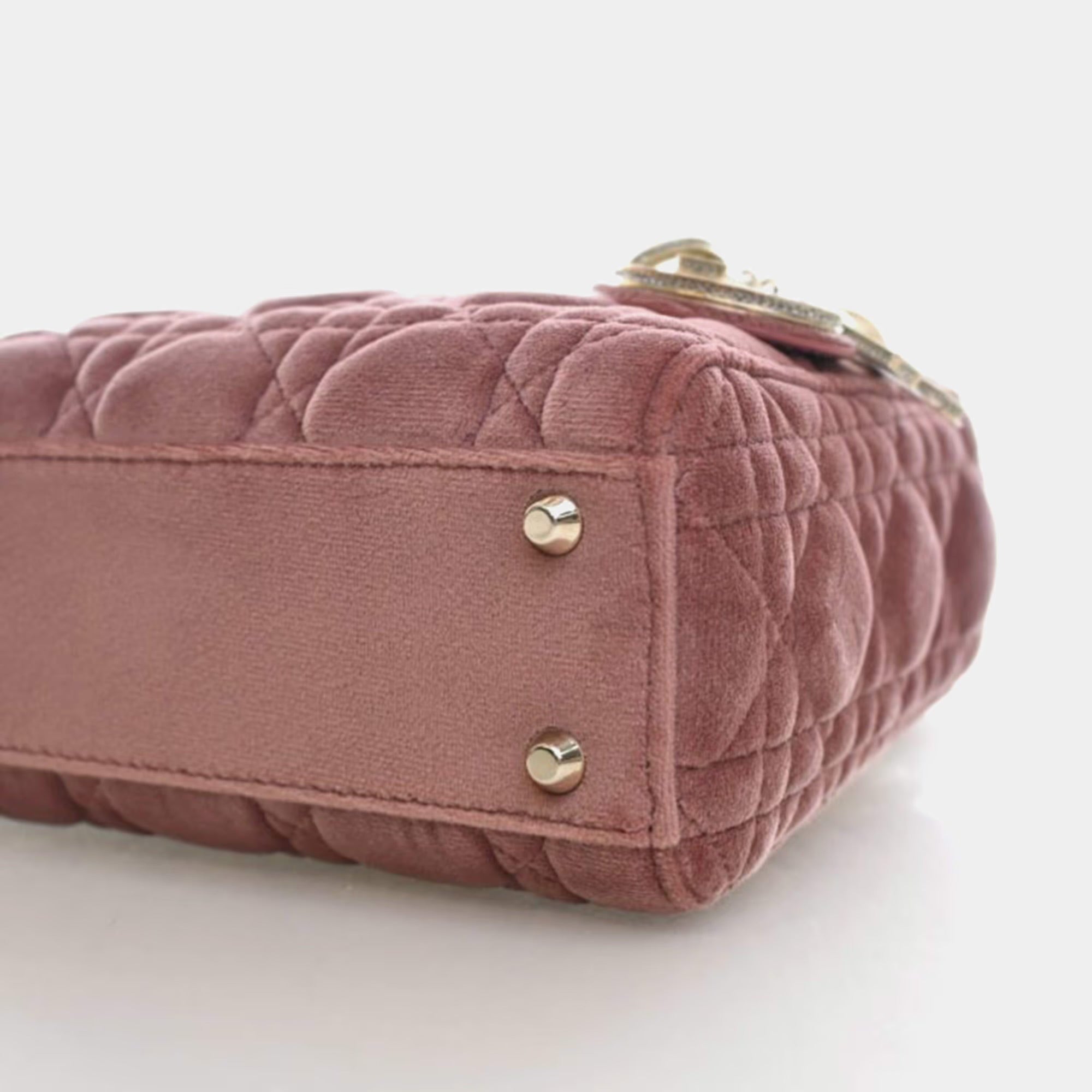 Christian Dior Lady Dior Mini Pink Velvet Top Handle Bag