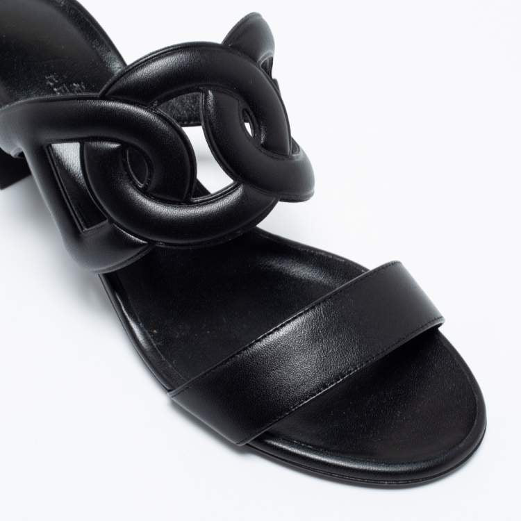 Hermes Black Leather Bikini Slide Sandals Size 36