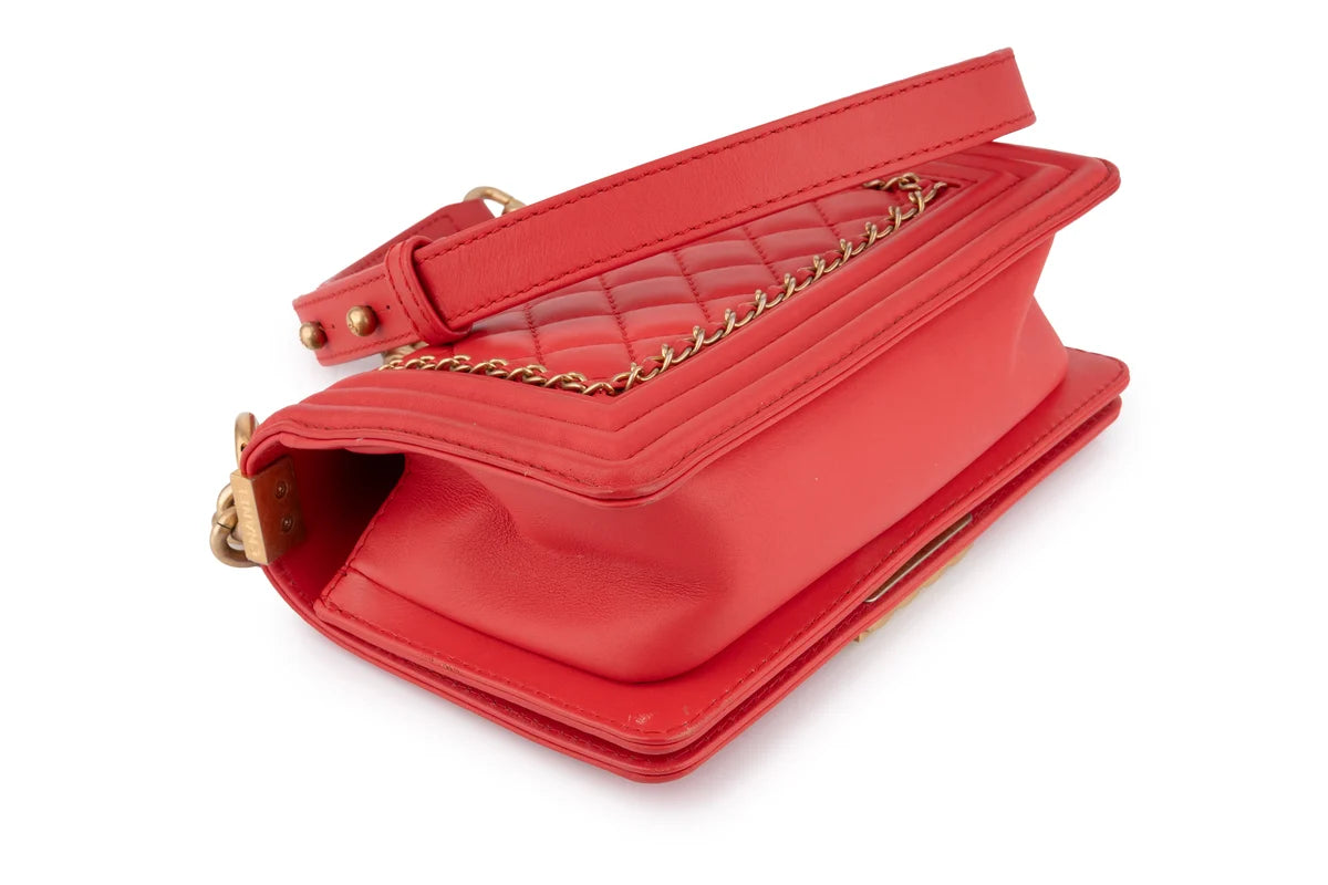 Chanel Quilted Chain Around Small Boy Lamskin Watermelon Red GHW