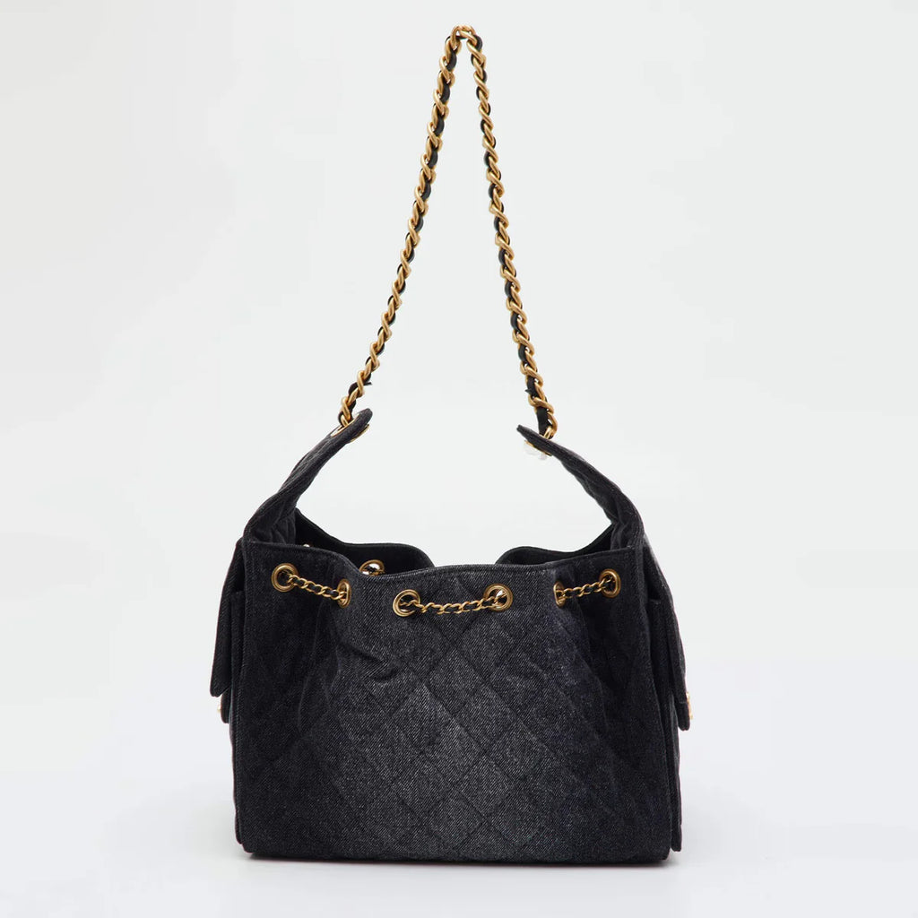 Chanel 25 Drawstring Black Quilted Denim Hobo