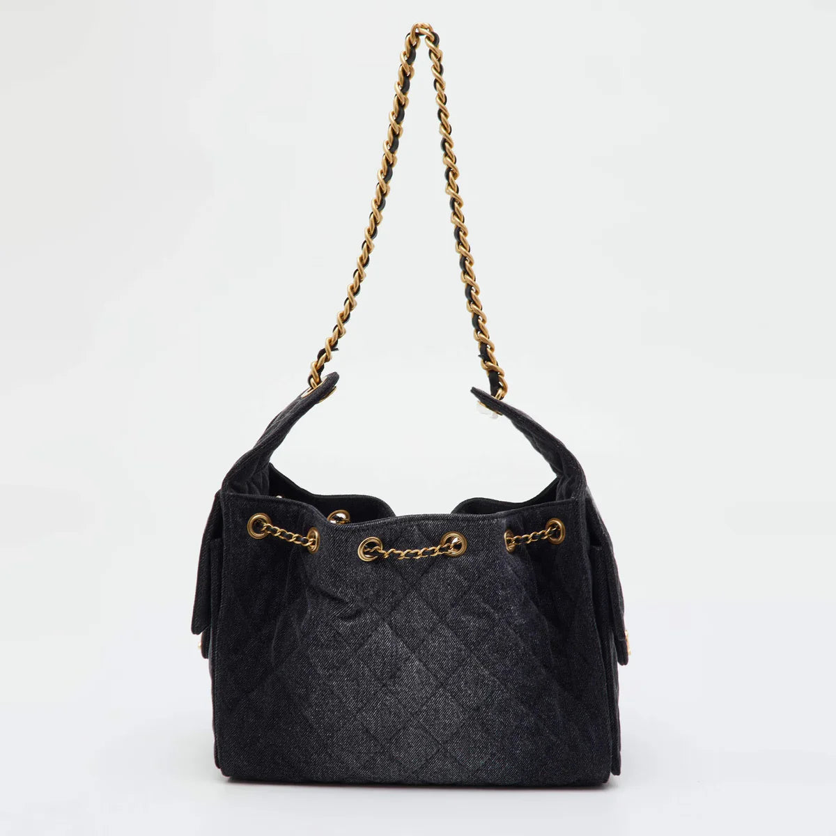 Chanel 25 Drawstring Black Quilted Denim Hobo