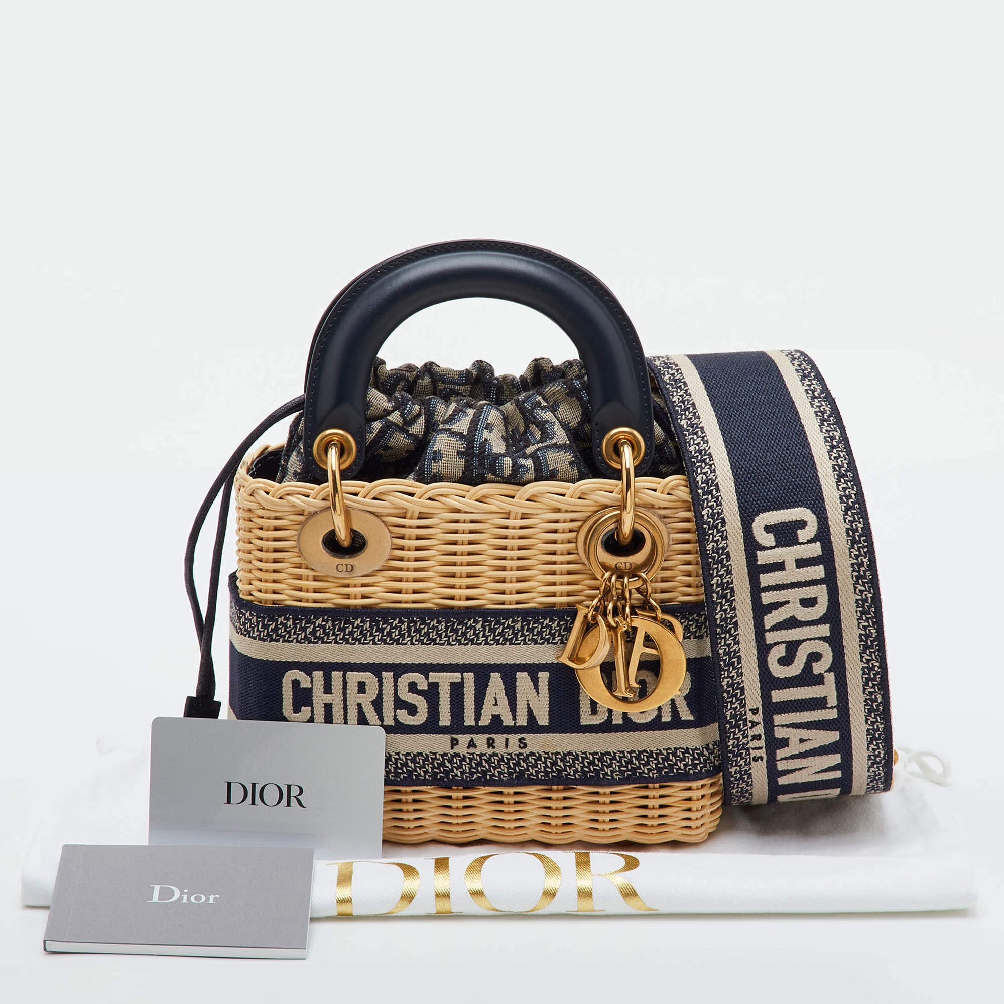 Dior Lady Dior Mini Beige/Navy Blue Wicker and Oblique Canvas Tote
