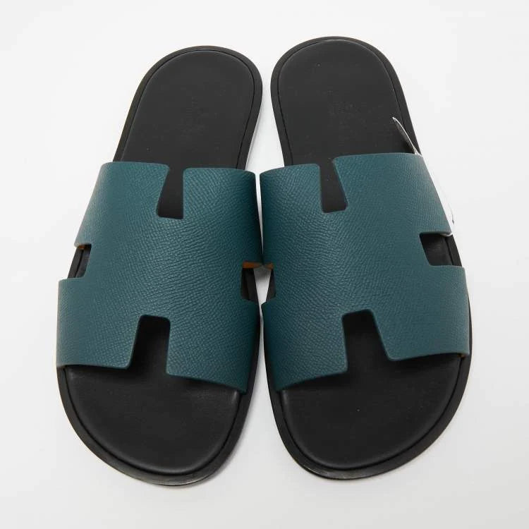 Hermes Green Leather Izmir Flat Slides Size 43