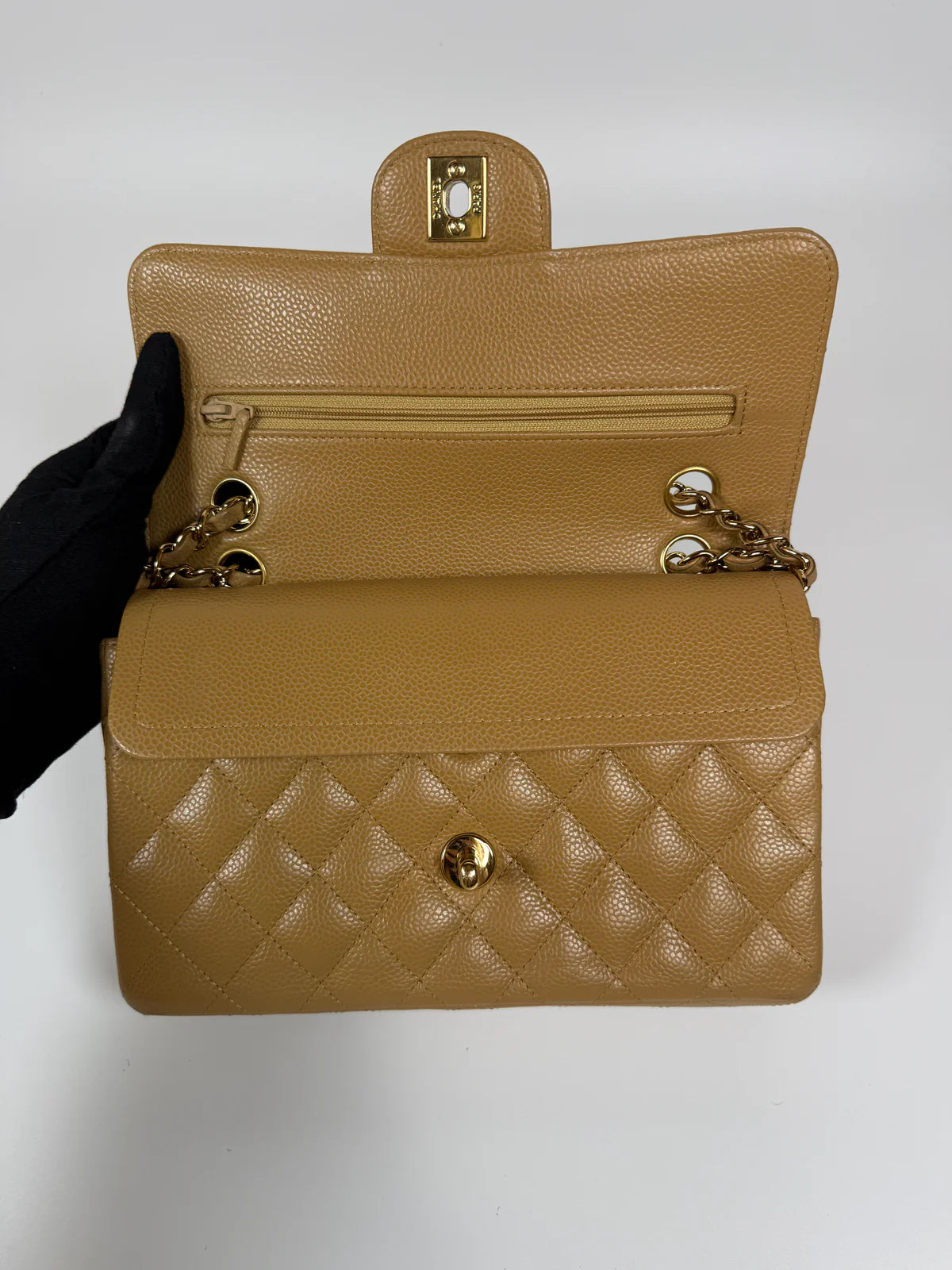 CHANEL SMALL CLASSIC DOUBLE FLAP IN BEIGE CAVIAR LEATHER WITH GOLD HARDWARE