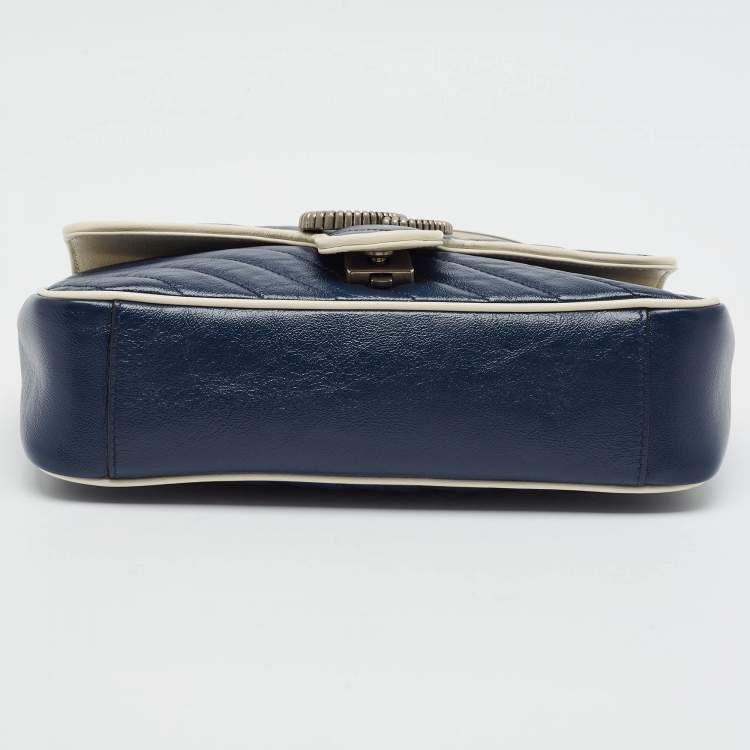 Gucci GG Marmont Torchon Small Navy Blue/White Diagonal Quilt Leather Shoulder Bag