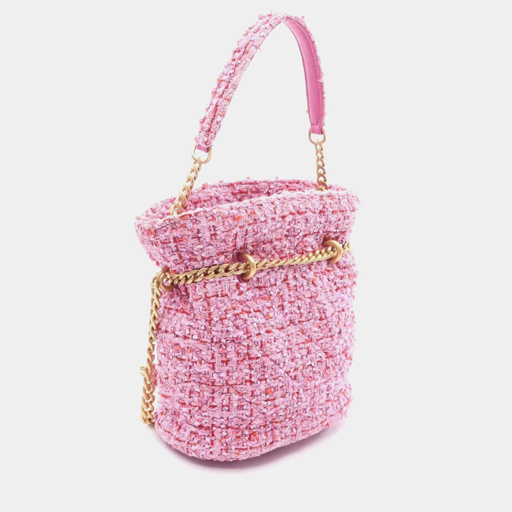 Chanel Tweed Pending CC Small Pink Fabric Drawstring Shoulder Bag