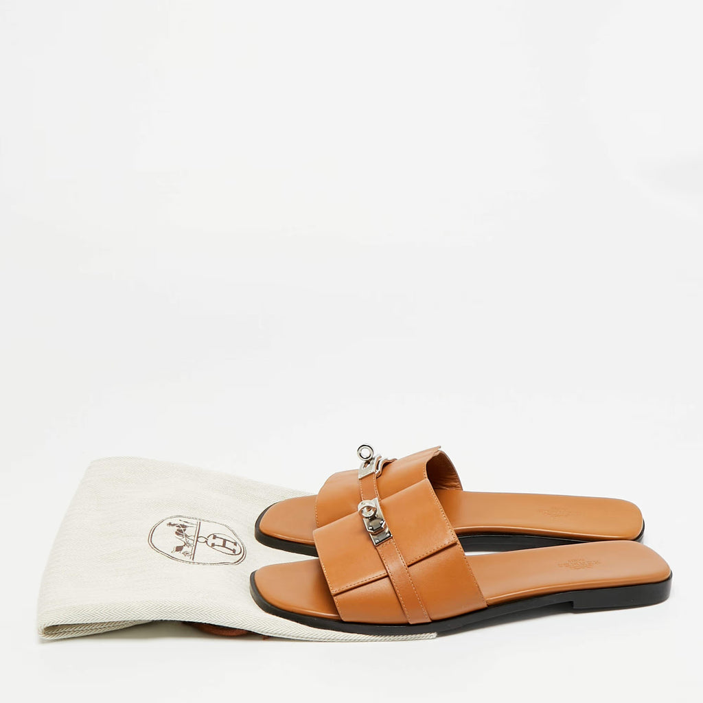 Hermes Giulia Size 42 Brown Leather Slide Flats