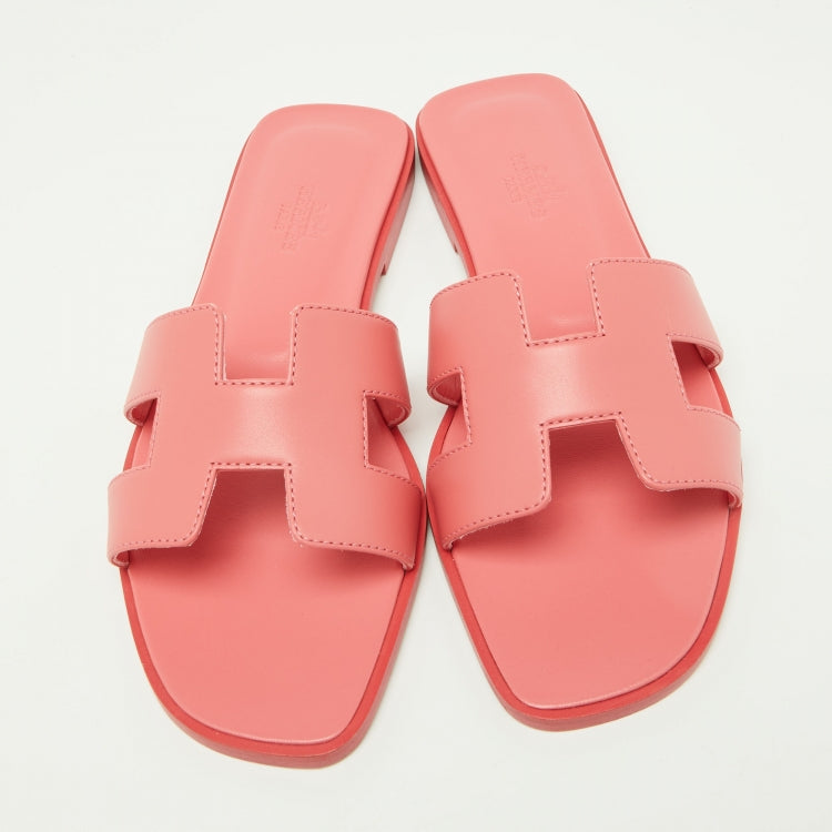 Hermes Pink Leather Oran Flat Sandals Size 37.5