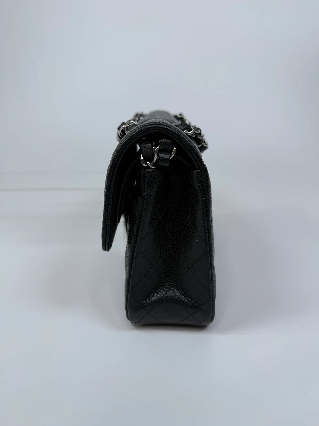CHANEL SMALL CLASSIC DOUBLE FLAP IN BLACK CAVIAR LEATHER WITH SILVER HARDWARE