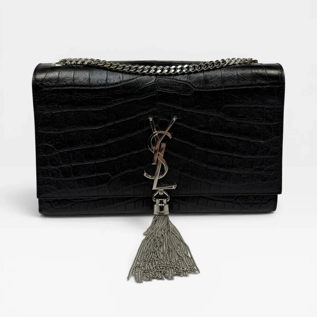 SAINT LAURENT BLACK CROC EMBOSSED KATE TASSEL BAG