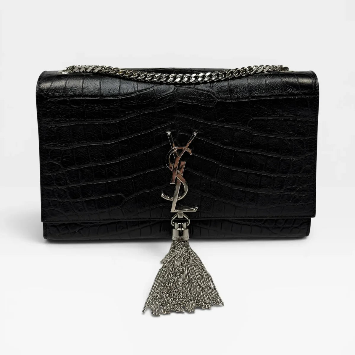 SAINT LAURENT BLACK CROC EMBOSSED KATE TASSEL BAG
