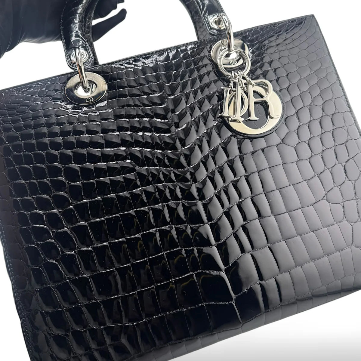 Christian Dior Black Shiny Niloticus Crocodile Large Lady Dior Bag