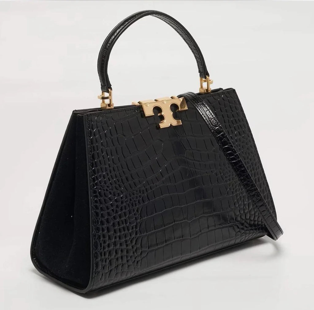 Tory Burch Eleanor Black Croc Embossed Leather Top Handle Bag