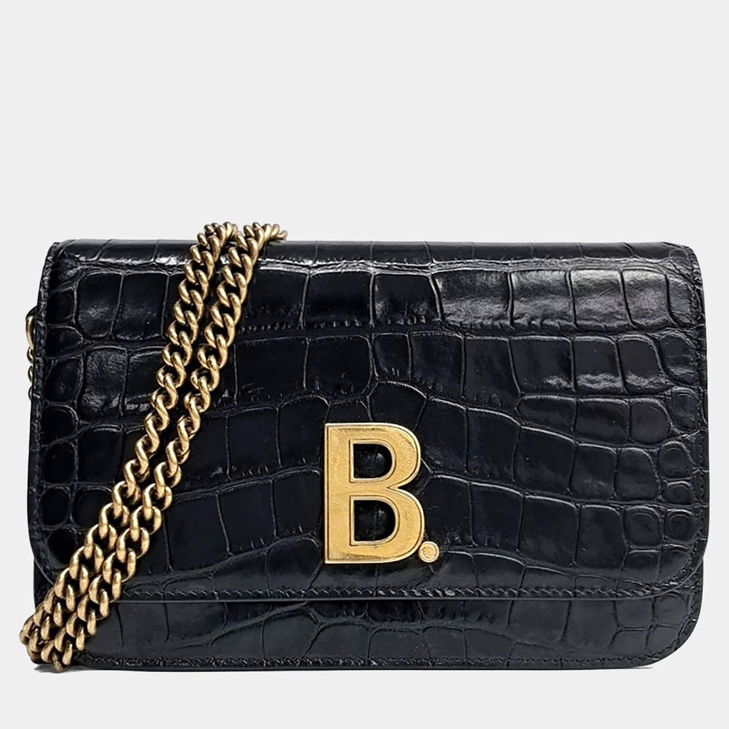 Balenciaga B Black Leather Chain Crossbody Bag