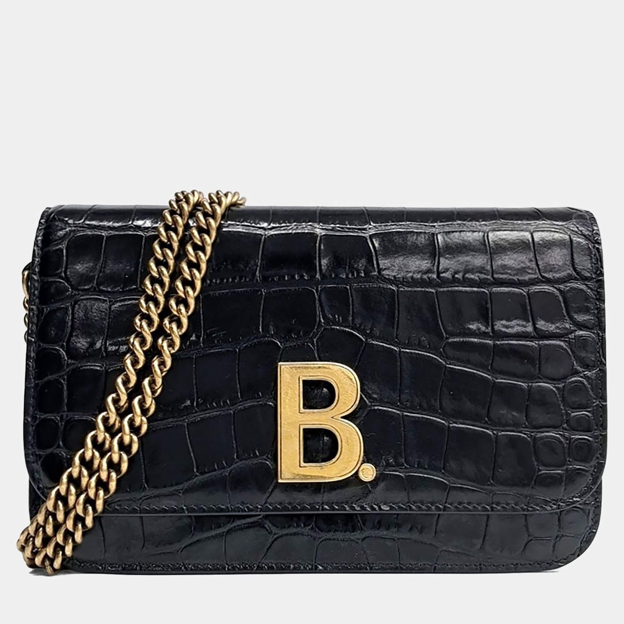 Balenciaga B Black Leather Chain Crossbody Bag