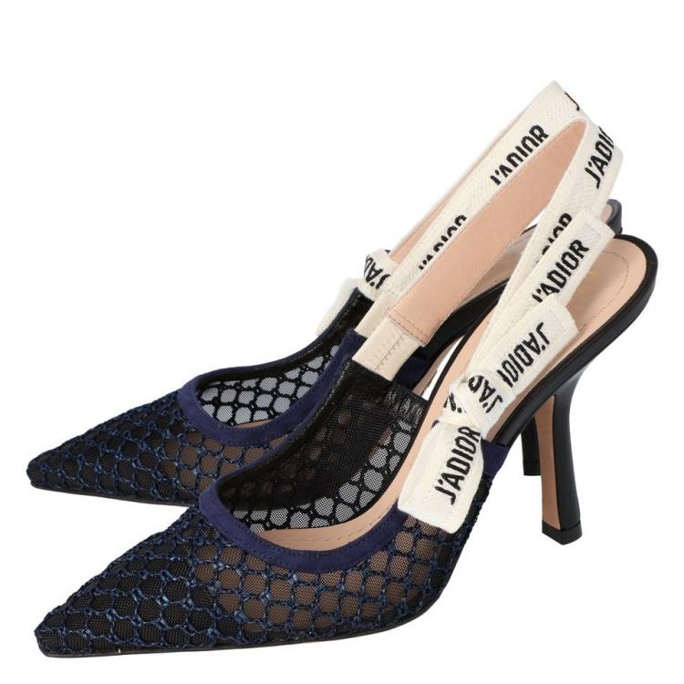 Dior Deep Blue Mesh Embroidered Ribbon J'Adior Slingback Pumps Size 38