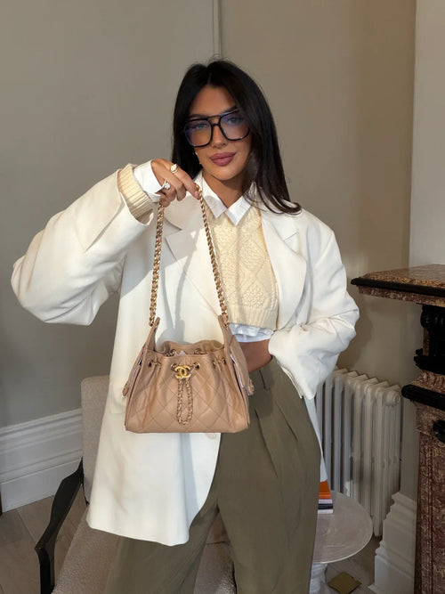 CHANEL 25 MICRO IN BEIGE CAVIAR LEATHER WITH GOLD HARDWARE