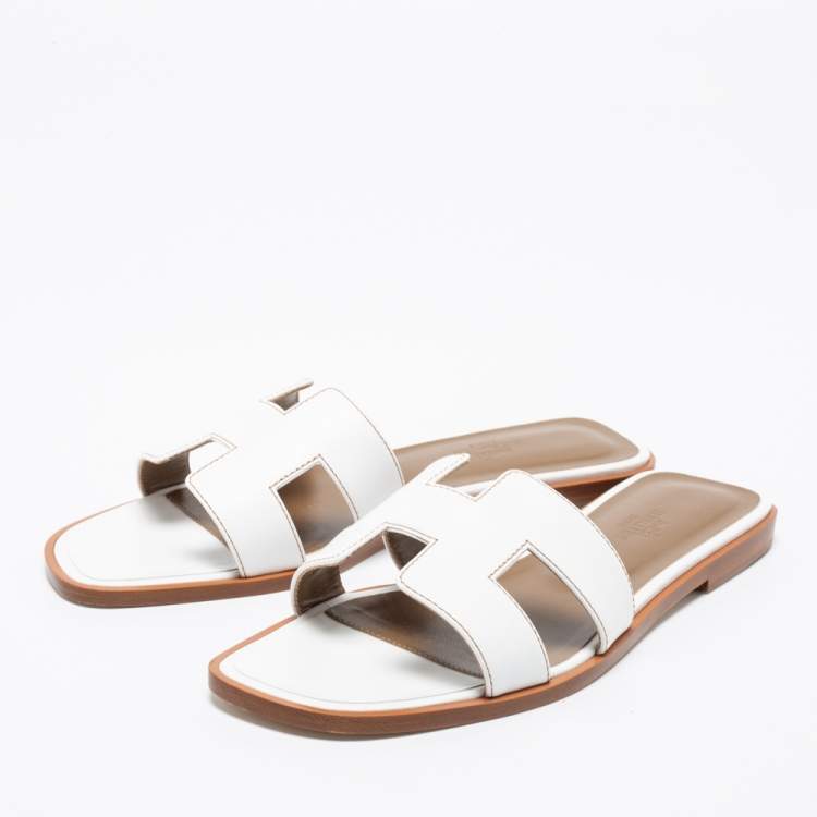Hermes White Leather Oran Flats Sandals Size 38
