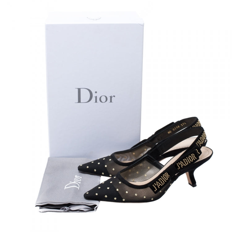 Dior Black Plumetis Mesh J'adior Studded Suede Pointed Toe Slingback Sandals Size 37.5
