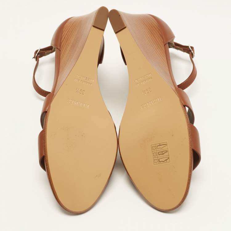 Hermes Legend Size 39.5 Brown Leather Wedge Sandals