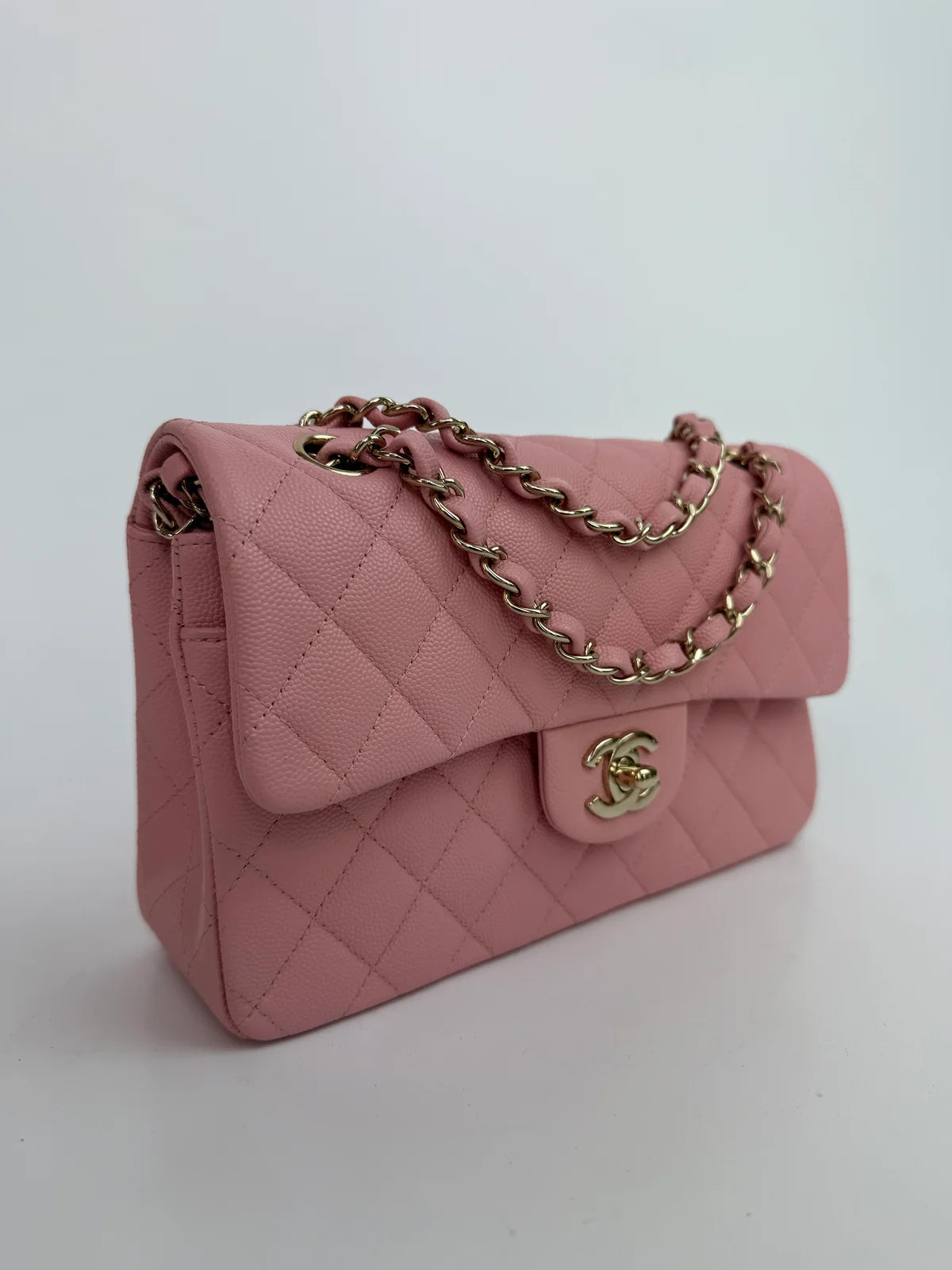 CHANEL SMALL CLASSIC DOUBLE FLAP IN PINK CAVIAR LEATHER WITH GOLD HARDWARE