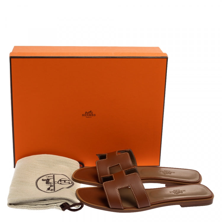 Hermes Brown Leather Oran Sandals Size 37