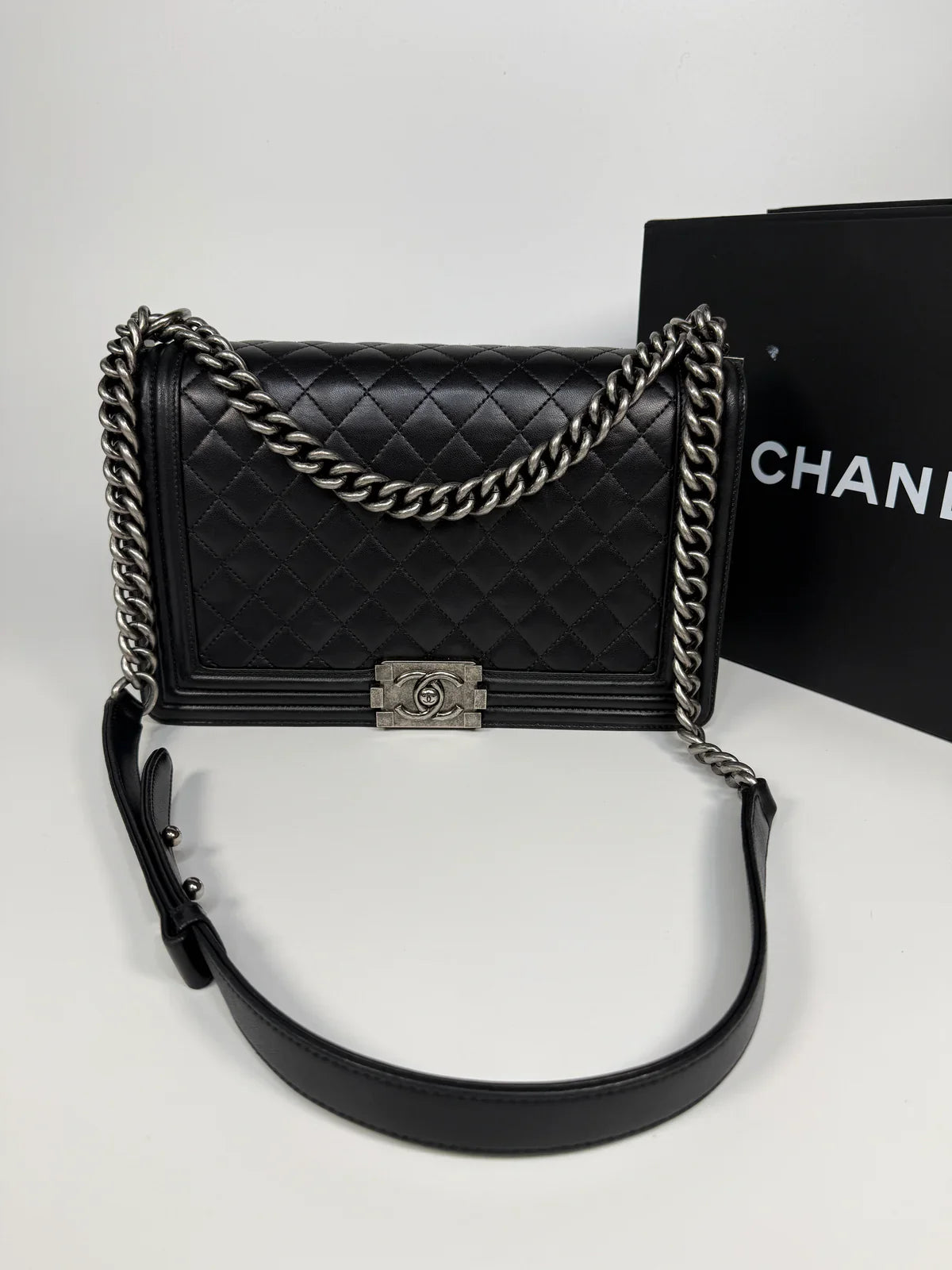 CHANEL BLACK LAMBSKIN LEATHER LARGE BOY BAG WITH RHW