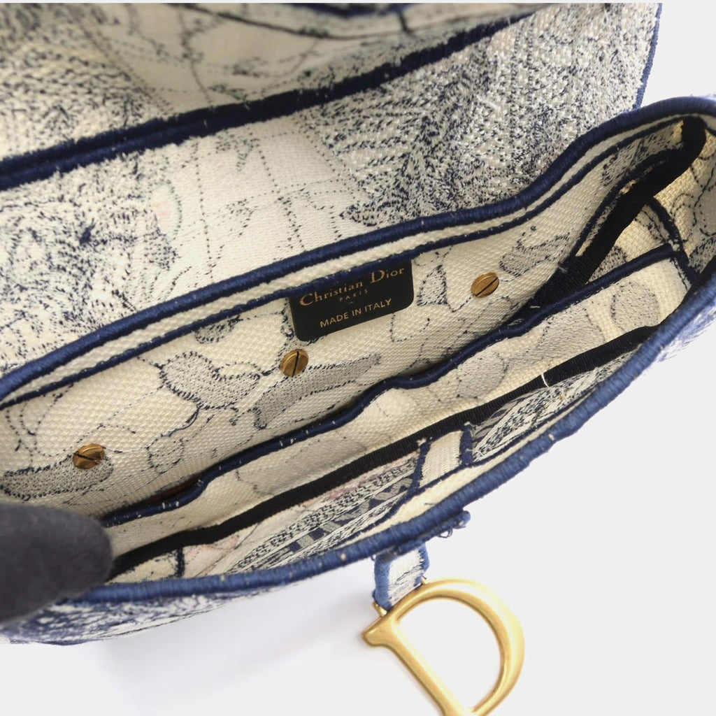 Dior Saddle Around the World Embroidered Medium Blue Multicolor Canvas Shoulder Bag