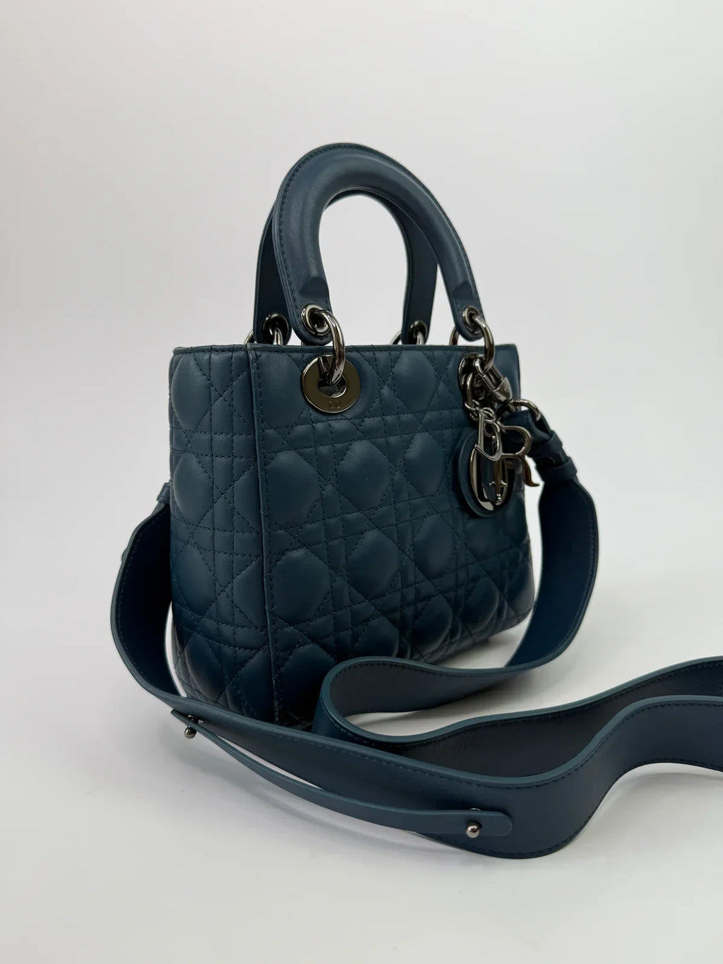 CHRISTIAN DIOR LADY DIOR SMALL BAG IN DENIM BLUE WITH SILVER HARDWARE