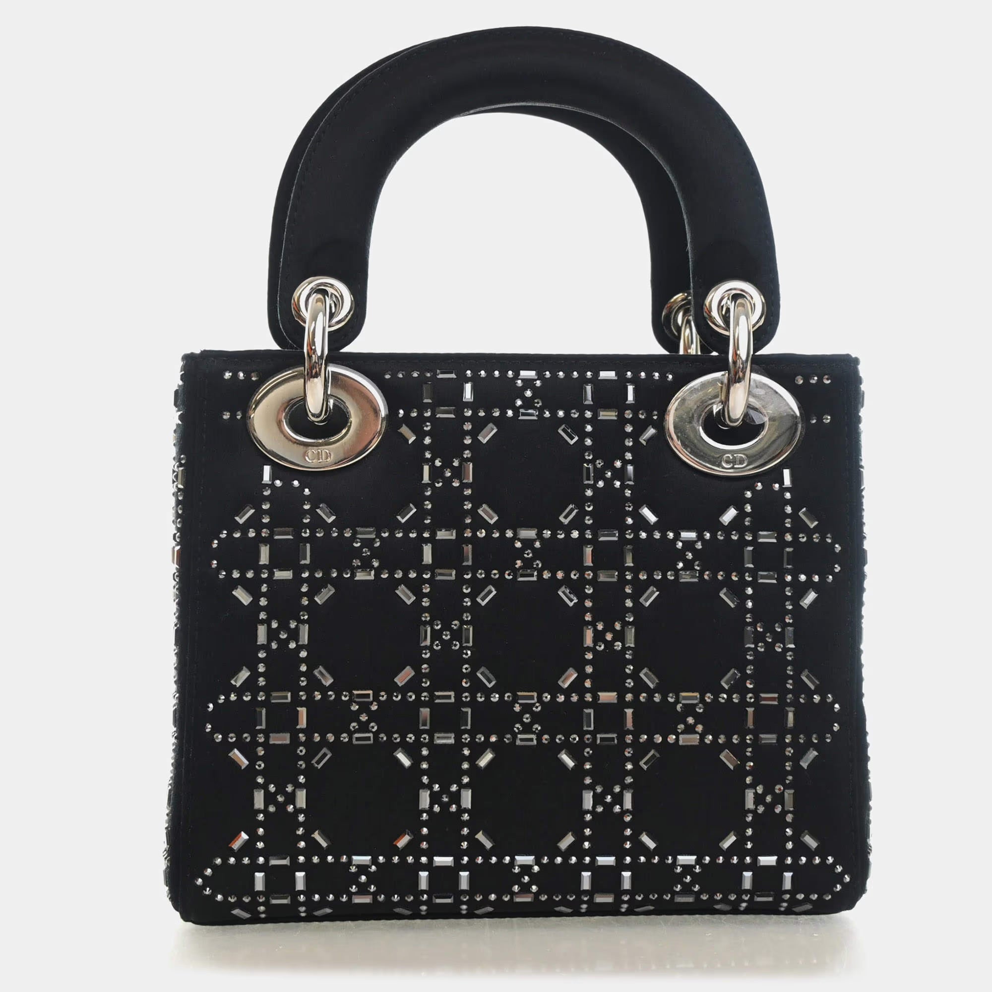Christian Dior Mini Lady Dior Black Strass Satin Top Handle Bag