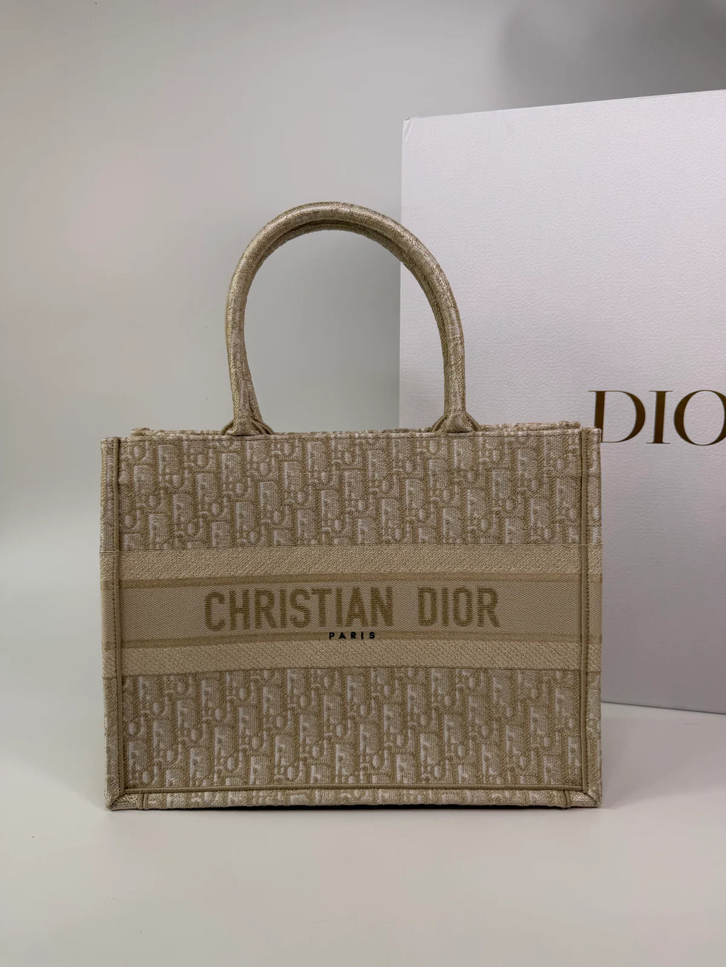 CHRISTIAN DIOR MEDIUM BOOK TOTE IN LATTE & GOLD TONE DIORESQUE