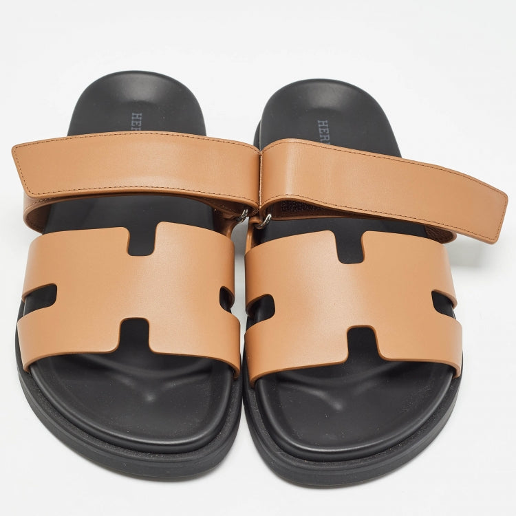 Hermes Brown Leather Chypre Flat Slides Size 39