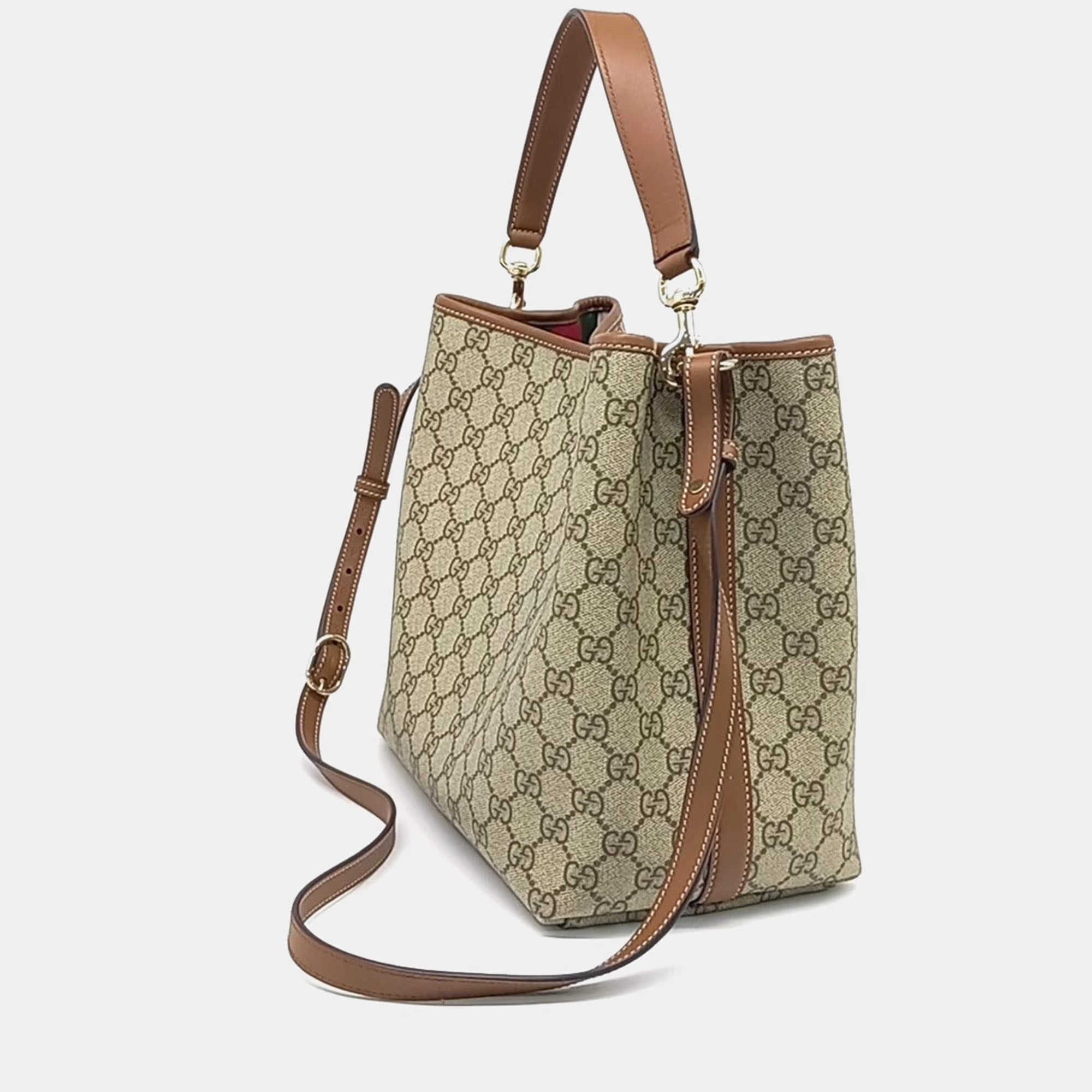 Gucci Beige Brown PVC GG Emblem Medium Bucket Bag