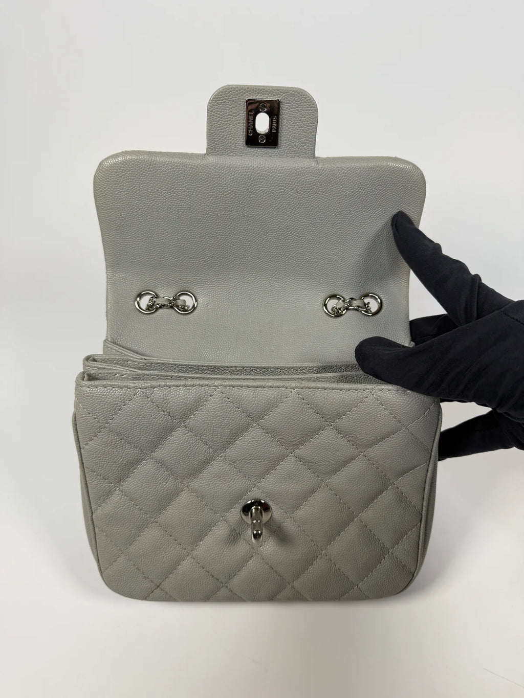 CHANEL MINI FLAP BAG IN GLACIER GREY CAVIAR LEATHER WITH SILVER HARDWARE