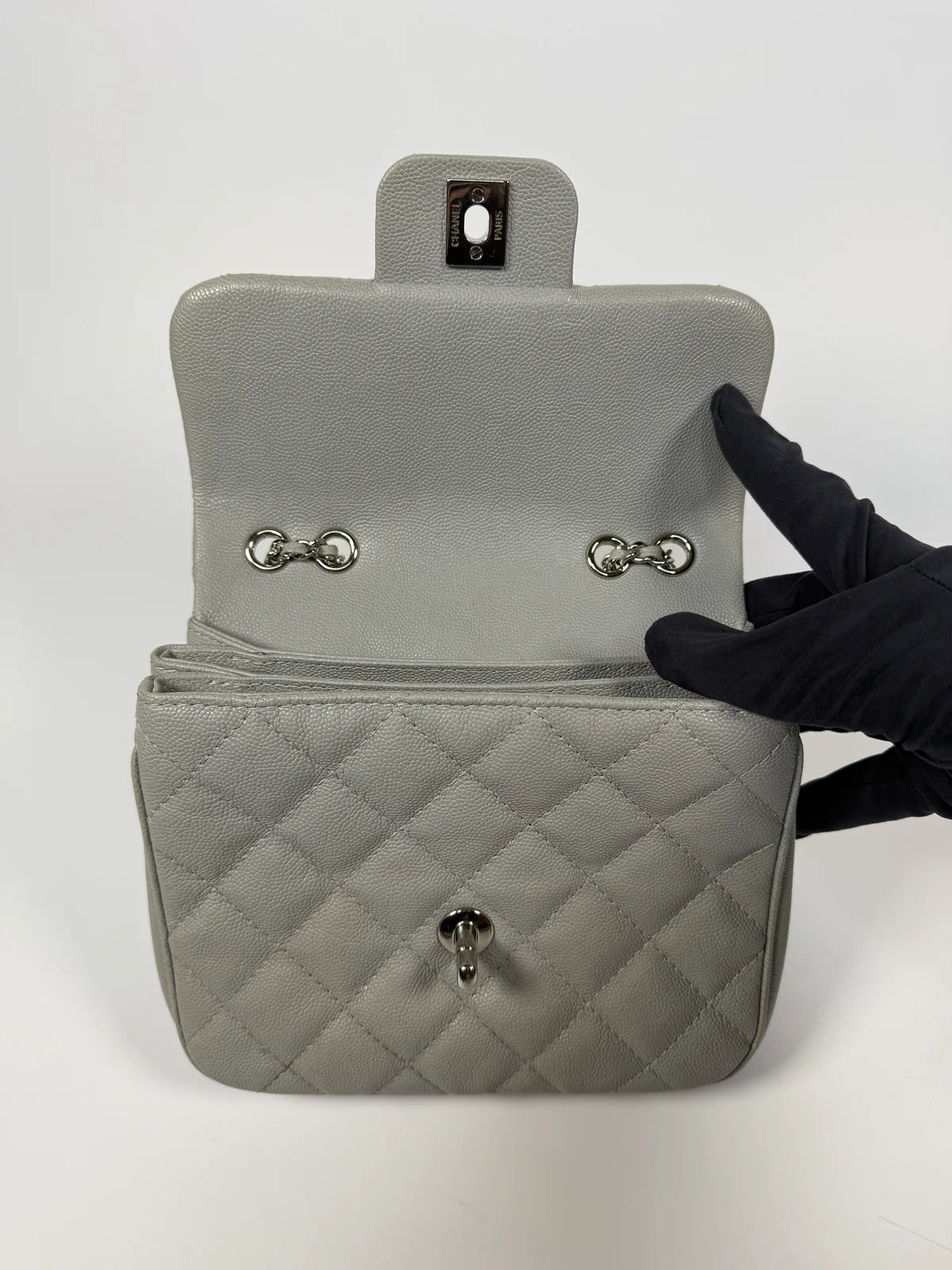 CHANEL MINI FLAP BAG IN GLACIER GREY CAVIAR LEATHER WITH SILVER HARDWARE