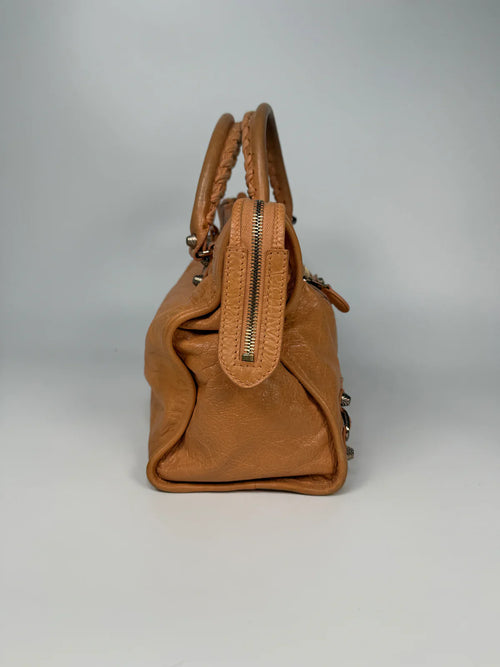 BALENCIAGA MEDIUM LE CITY BAG IN PEACH LEATHER WITH GOLD HARDWARE