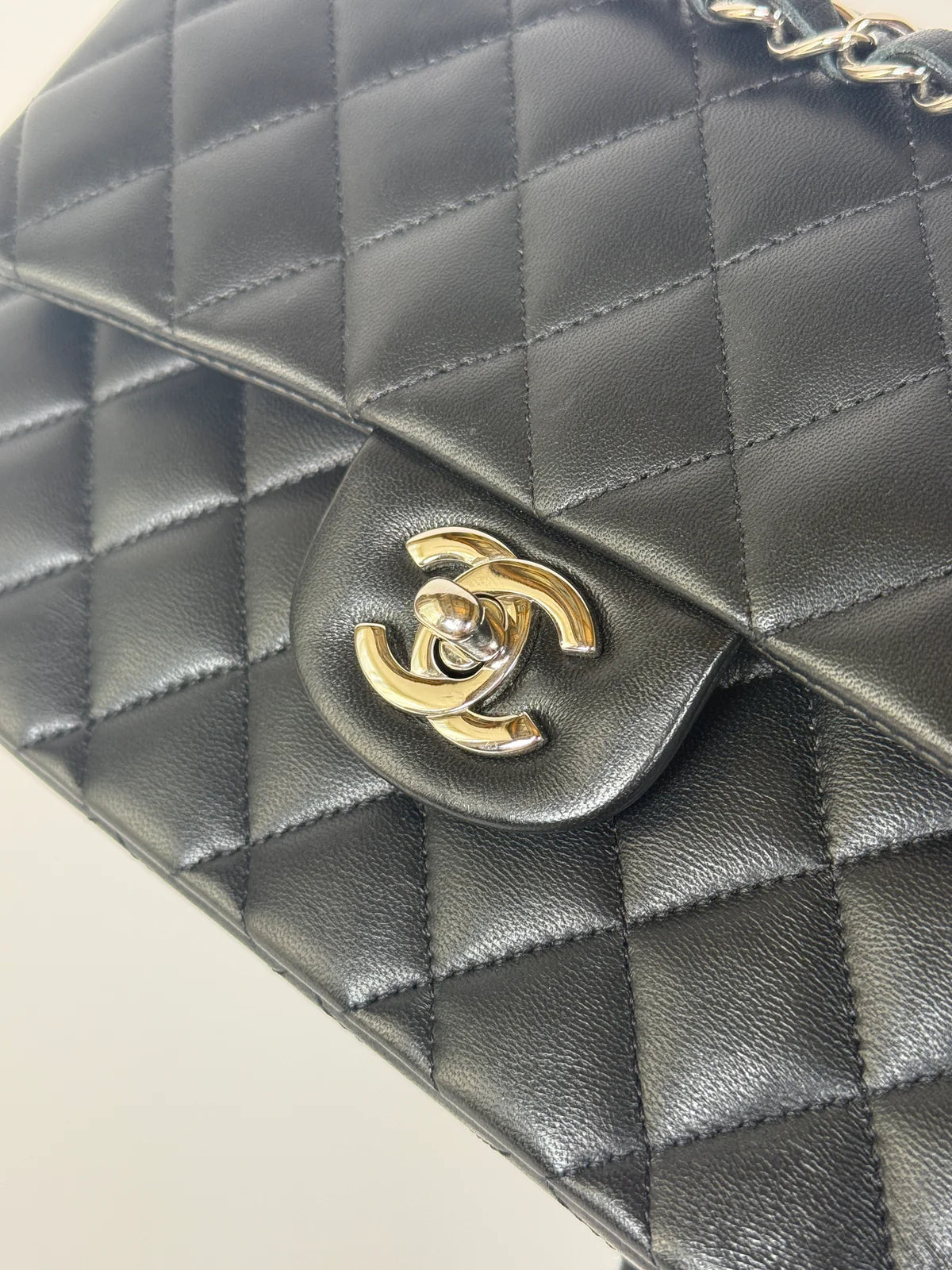 CHANEL SMALL CLASSIC DOUBLE FLAP IN BLACK LAMBSKIN LEATHER WITH SILVER HARDWARE