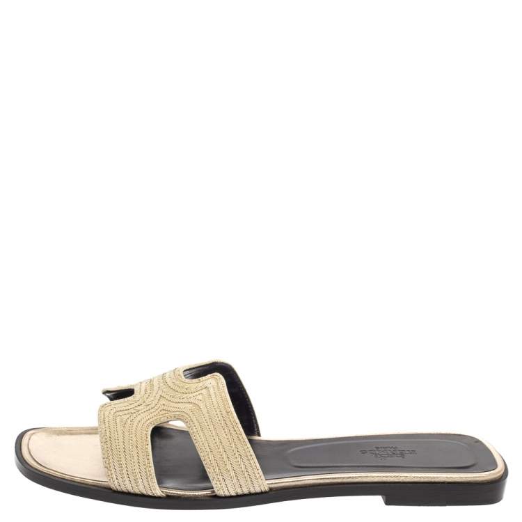 Hermes Metallic Pale Gold Twisted Metal Thread Oran Sandals Size 39.5