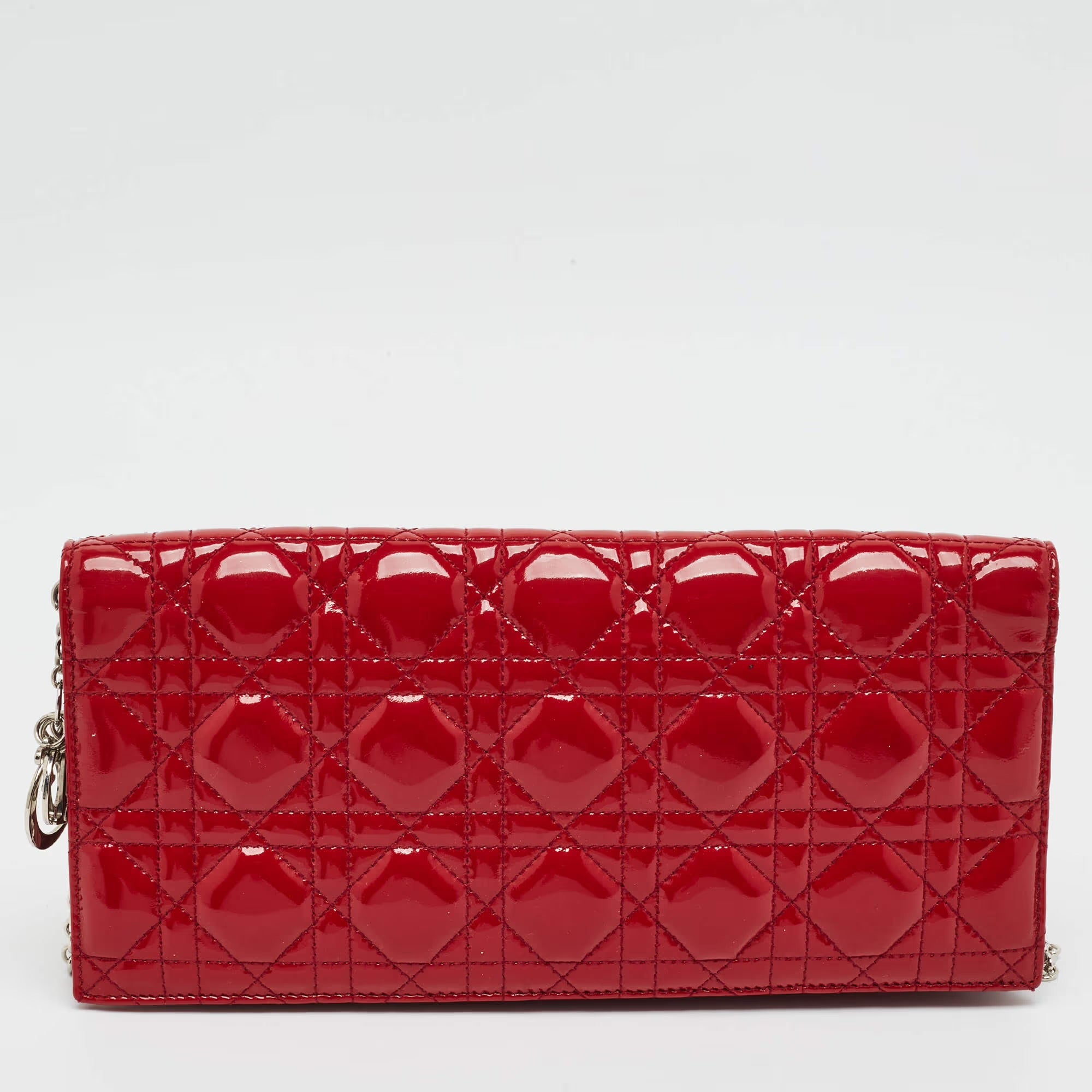 Dior Lady Dior Red Cannage Patent Leather Chain Clutch